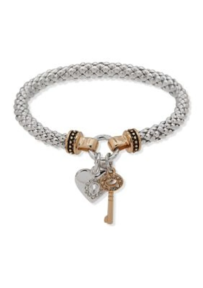 Two Tone Heart and Key Stretch Bracelet - Boxed