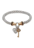 Two Tone Heart and Key Stretch Bracelet - Boxed