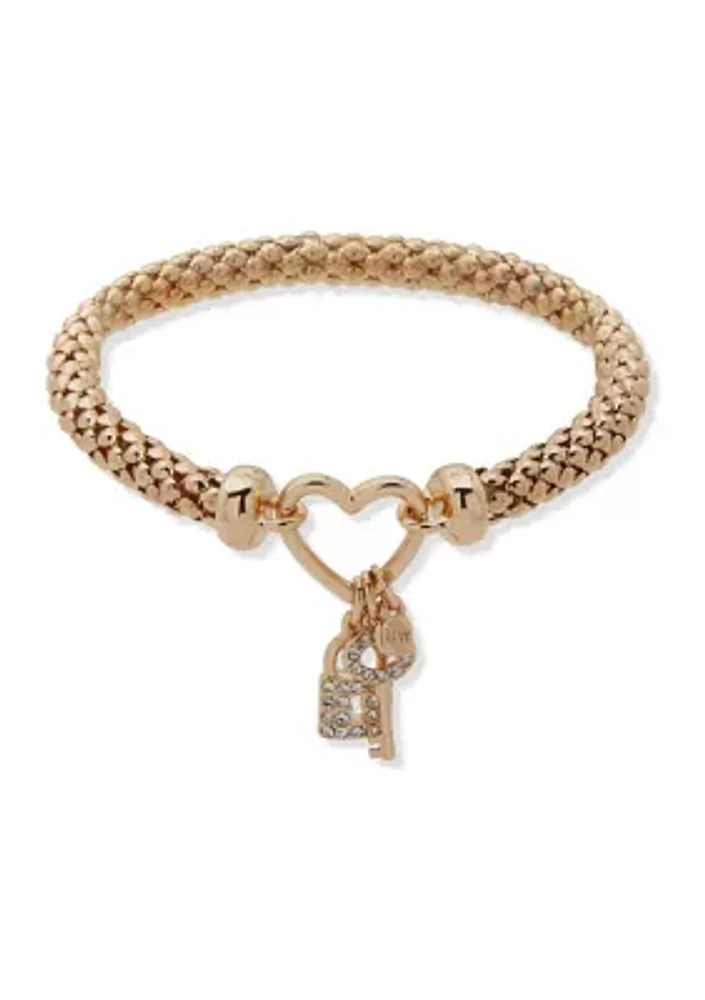 Gold Tone Crystal Lock & Key Charm Bracelet