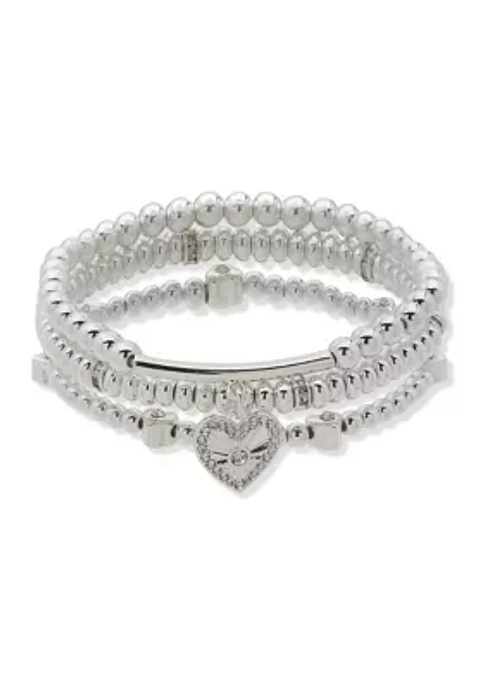 Silver Tone Set of 3 Crystal Heart Pave Stretch Bracelets