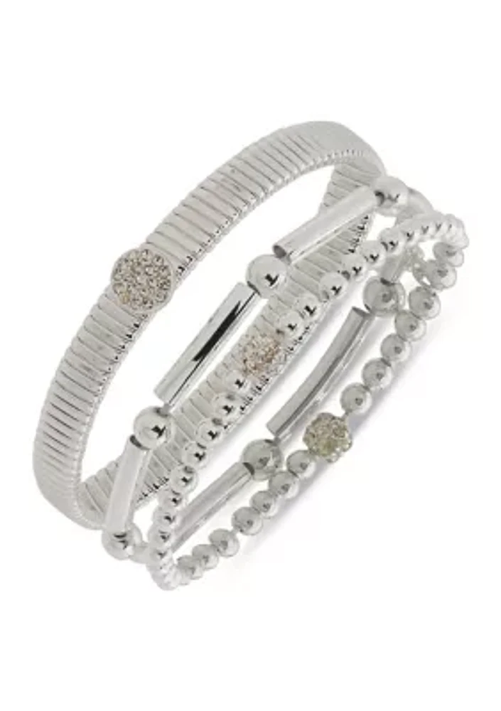 Silver Tone Crystal Pavé Stretch Bracelets - Set of 3