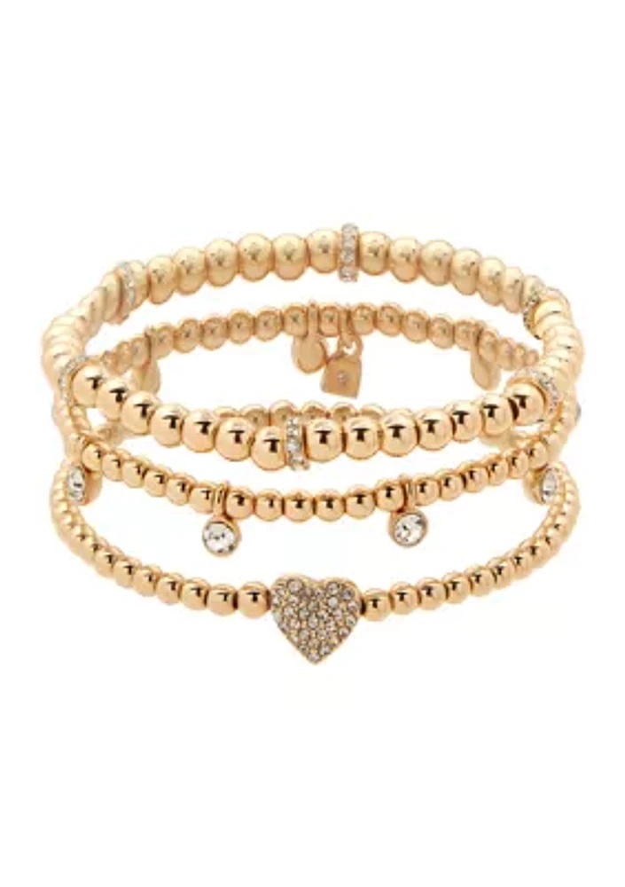 Gold Tone Set of 3 Crystal Pave Heart Stretch Bracelets - Boxed 