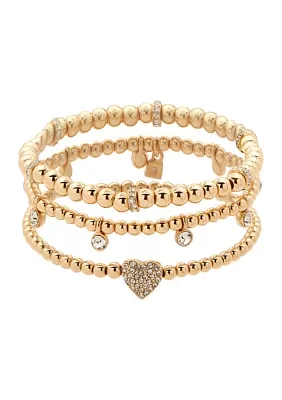 Gold Tone Set of 3 Crystal Pave Heart Stretch Bracelets - Boxed 