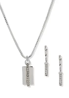 Silver Tone Set with Crystal Pave Bar Necklace and Drop Earrings