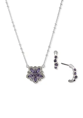 Silver Tone Purple Flower Necklace and Earrings Set