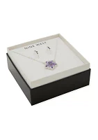 Silver Tone Purple Flower Necklace and Earrings Set