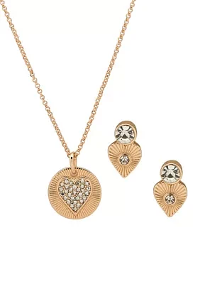 Gold Tone Crystal Pendant and Heart Drop Earrings Set