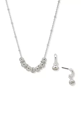 Silver Tone Crystal Pave Ball Necklace and Earrings Set