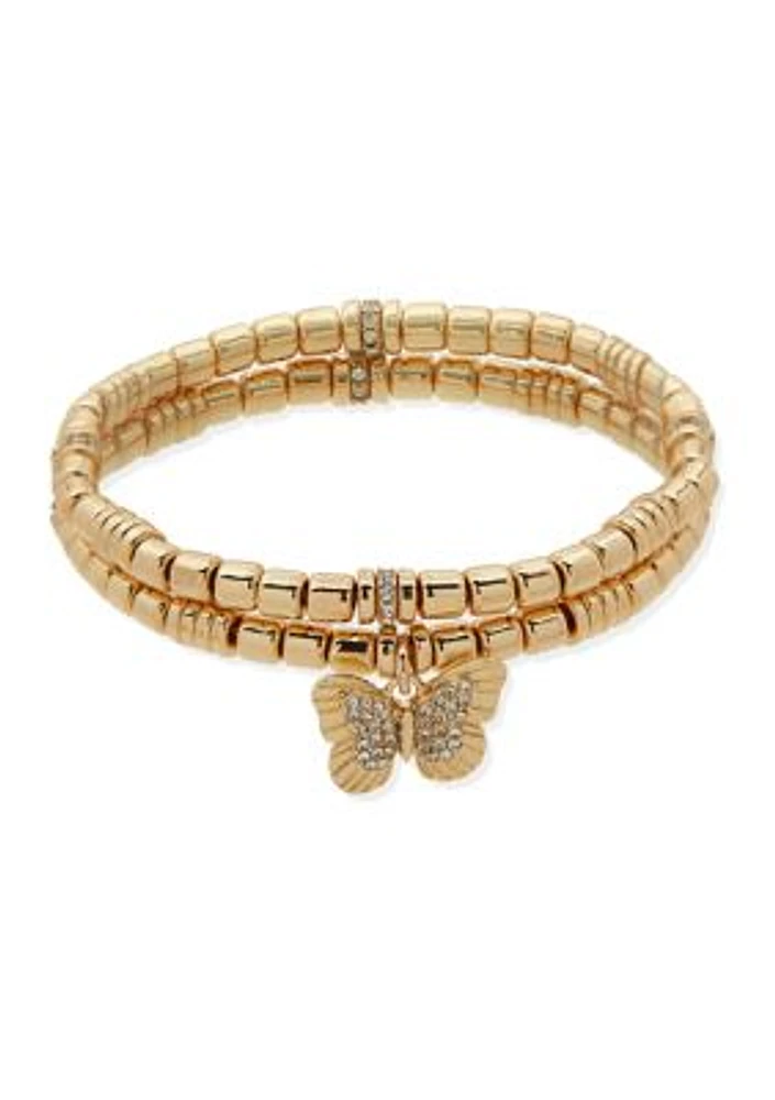 Gold Tone Set of 2 Crystal Butterfly Stretch Bracelet