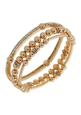 Gold Tone Crystal Pavé Ball Stretch Beaded Bracelet - Set of 3