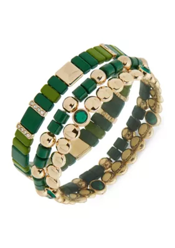 Gold Tone Green Beaded Stretch Bracelet Set