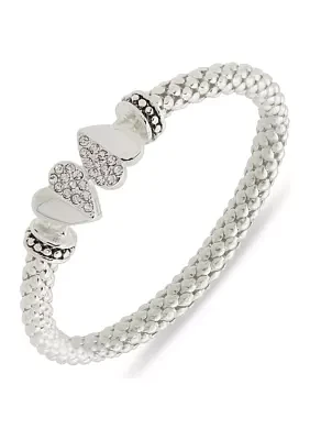 Silver Tone Crystal Heart Popcorn Stretch Bracelet