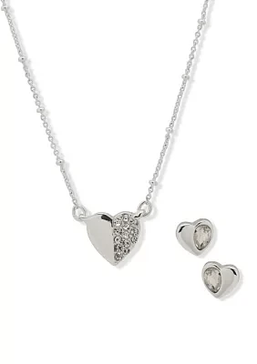 Silver Tone Heart Pendant Stud Necklace and Earrings Set