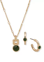 Gold Tone Emerald Pendant Drop Necklace and Earrings Set