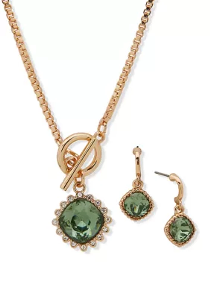 Gold Tone Stone Pendant Necklace and Drop Earrings Set