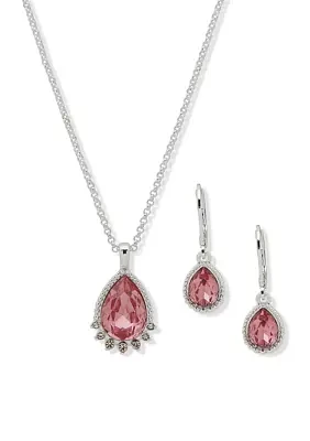 Silver Tone Pink Stone Teardrop Necklace and Earring Set