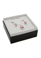 Silver Tone Pink Stone Teardrop Necklace and Earring Set