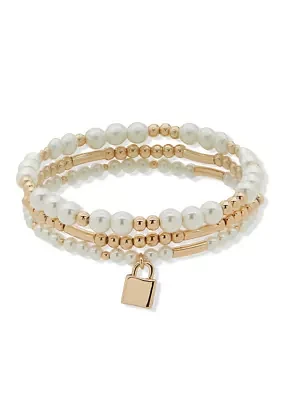 Gold Tone Pearl Stretch Bracelet Set