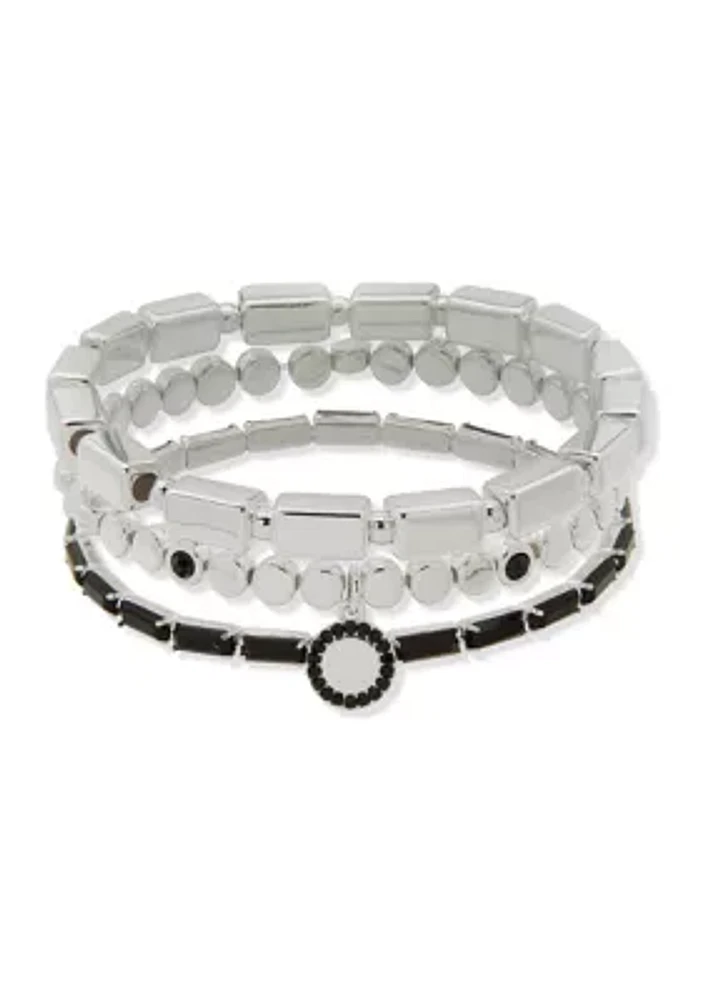 Silver Tone Black Beaded Stretch Bracelet Set