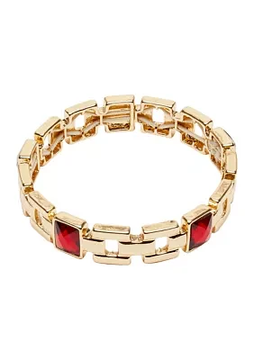 Gold Tone Square Red Stone Stretch Bracelet