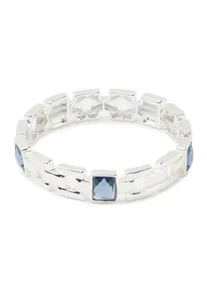 Silver Tone Denim Blue Square Stone Stretch Bracelet