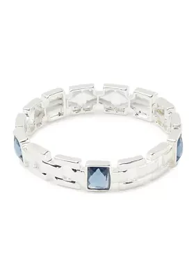 Silver Tone Denim Blue Square Stone Stretch Bracelet