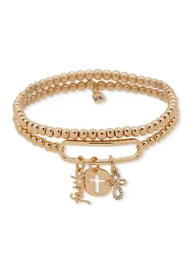 Gold Tone Crystal Cross Charm Bracelet Set