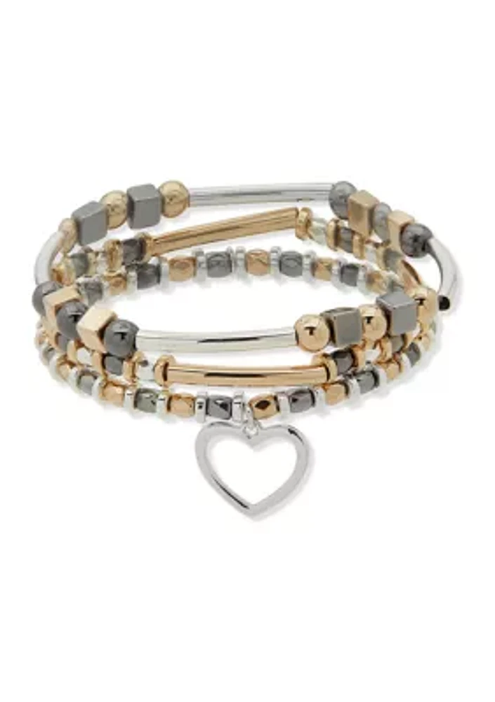 Tri Tone Boxed Heart Charm Stretch Bracelet Set