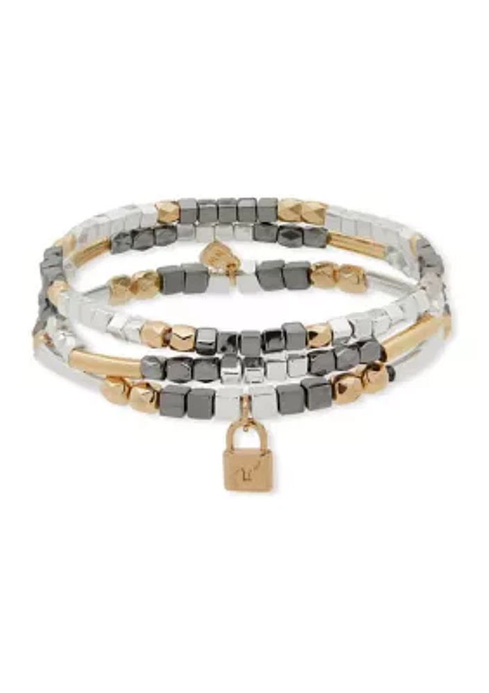 Tri Tone Lock Charm Stretch Bracelet Set