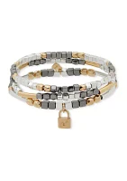 Tri Tone Lock Charm Stretch Bracelet Set