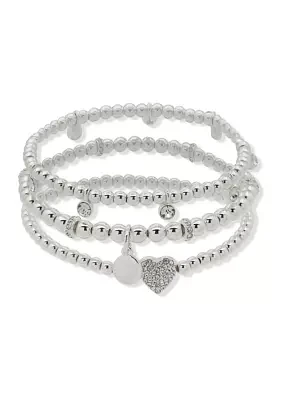 Silver Tone Crystal Pavé Heart Stretch Bracelet Set