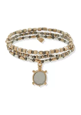 Tri Tone Crystal Pavé Turtle Charm Stretch Bracelet Set