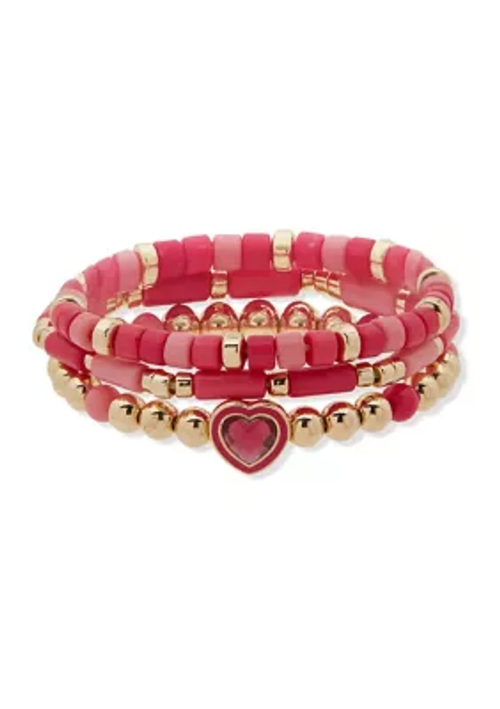 Gold Tone Pink Heart Stretch Bracelet Set