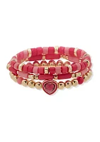 Gold Tone Pink Heart Stretch Bracelet Set