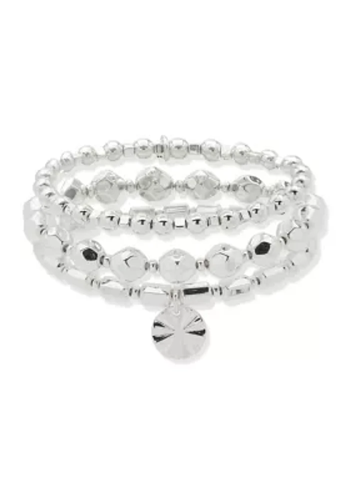 Silver Tone Disc Charm Stretch Bracelet Set