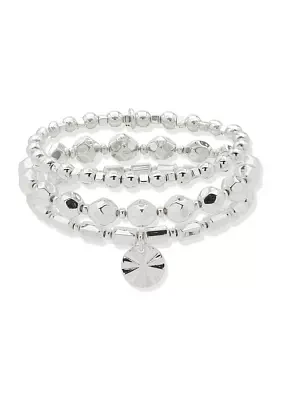 Silver Tone Disc Charm Stretch Bracelet Set