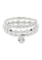 Silver Tone Disc Charm Stretch Bracelet Set