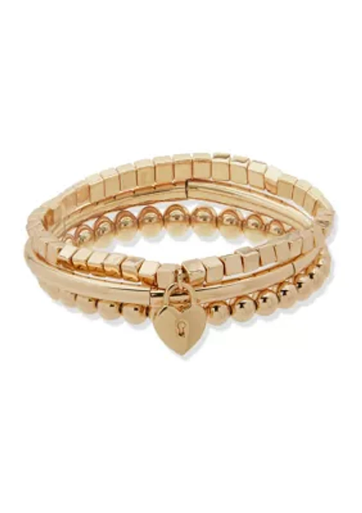 Gold Tone Heart Padlock Stretch Bracelet Set