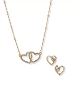 Gold Tone Crystal Pave Heart Necklace and Earrings Set