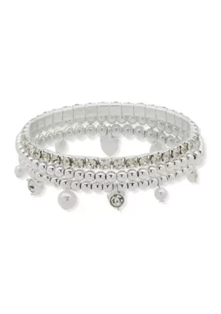 Silver Tone White Pearl Crystal Bracelet Set