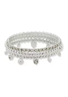 Silver Tone White Pearl Crystal Bracelet Set