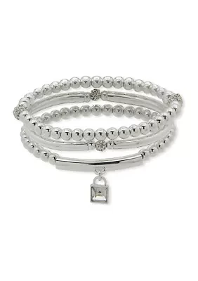 Silver Tone Crystal Padlock Stretch Bracelet Set