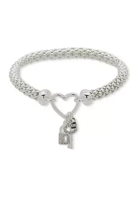 Silver Tone Crystal Heart Lock Key Stretch Bracelet