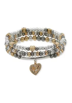 Tri Tone Crystal Heart Stretch Bracelet Set