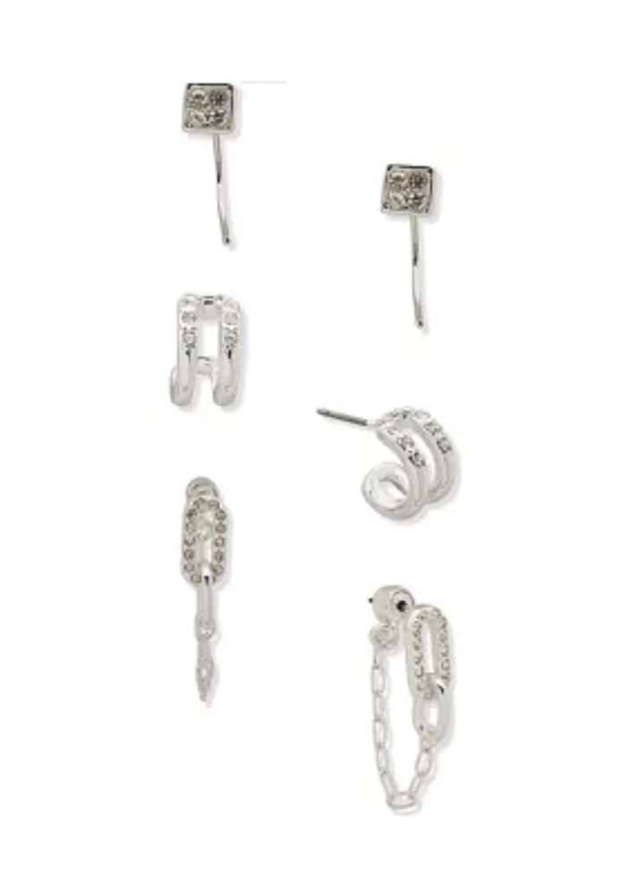 Silver Tone Crystal Pavé Trio Earrings