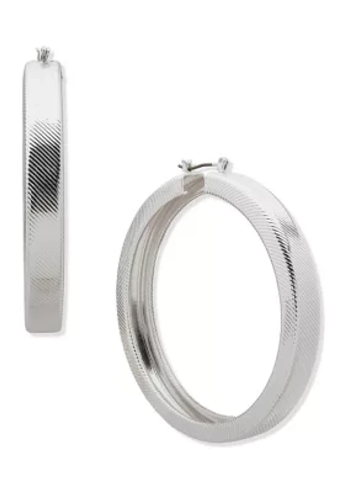 Silver Tone Textured Click Top Hoop Earrings