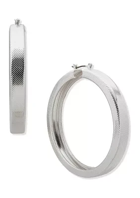 Silver Tone Textured Click Top Hoop Earrings