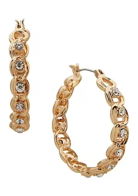 Gold Tone 30 Millimeter Crystal Stone Chain Hoop Earrings