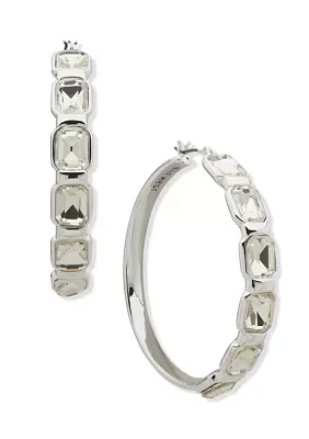 Silver Tone 51 Millimeter Crystal Stone Click It Hoop Earrings