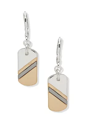 Gold Tone Tri Tone Dog Tag Drop Earrings